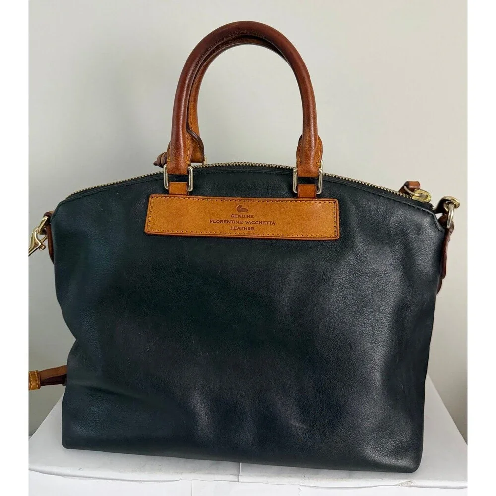 Dooney & Bourke Florentine Black/Brown Satchel Top Handle Zip Detachable Strap
